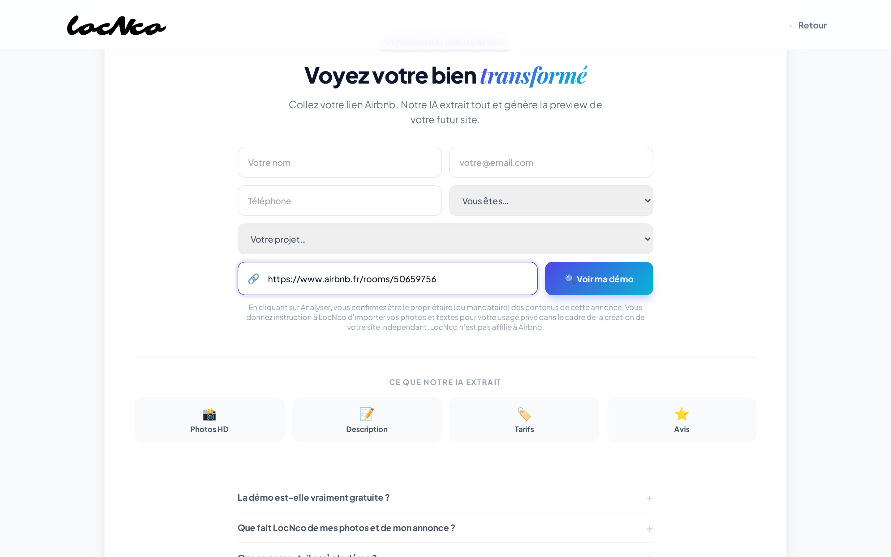 La page de démonstration LocNco, le lien d’annonce collé dans le champ
